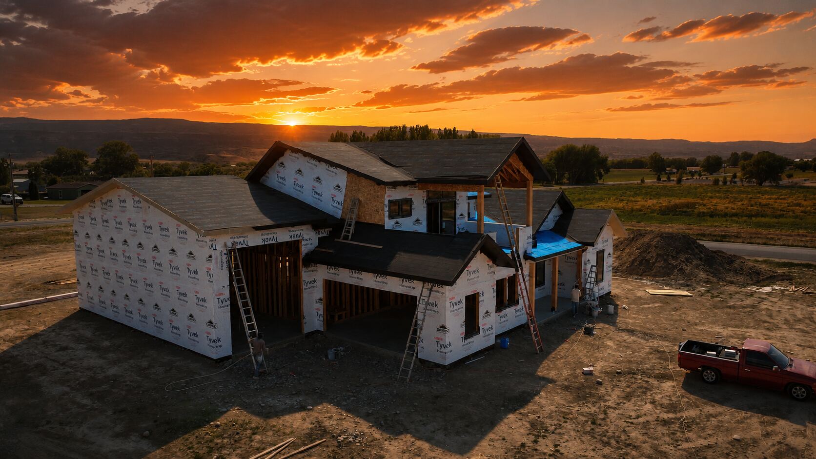 New home construction project at sunset in Mesa County