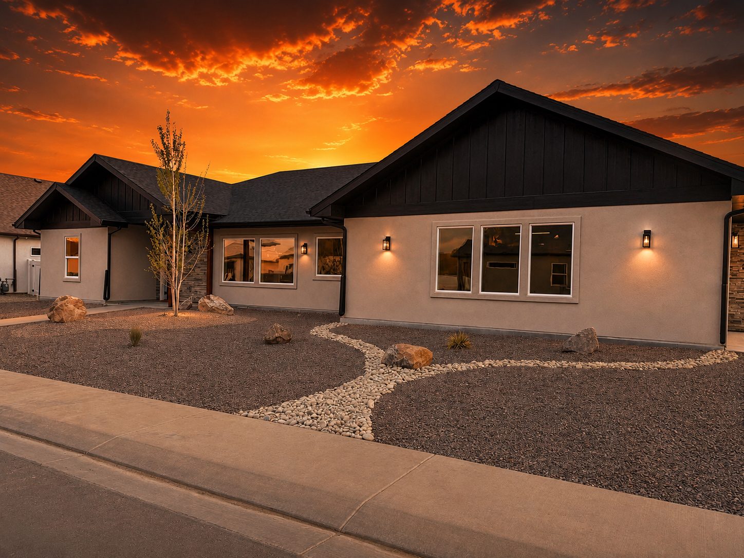 Roofing and exterior work on a Mesa County home at sunset